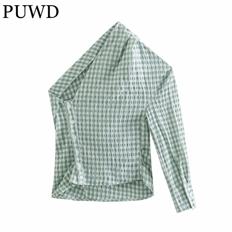 

Рубашка PUWD Женская Асимметричная на одно плечо, элегантная клетчатая уличная одежда со складками, на пуговицах, шикарный топ для девушек, ле...