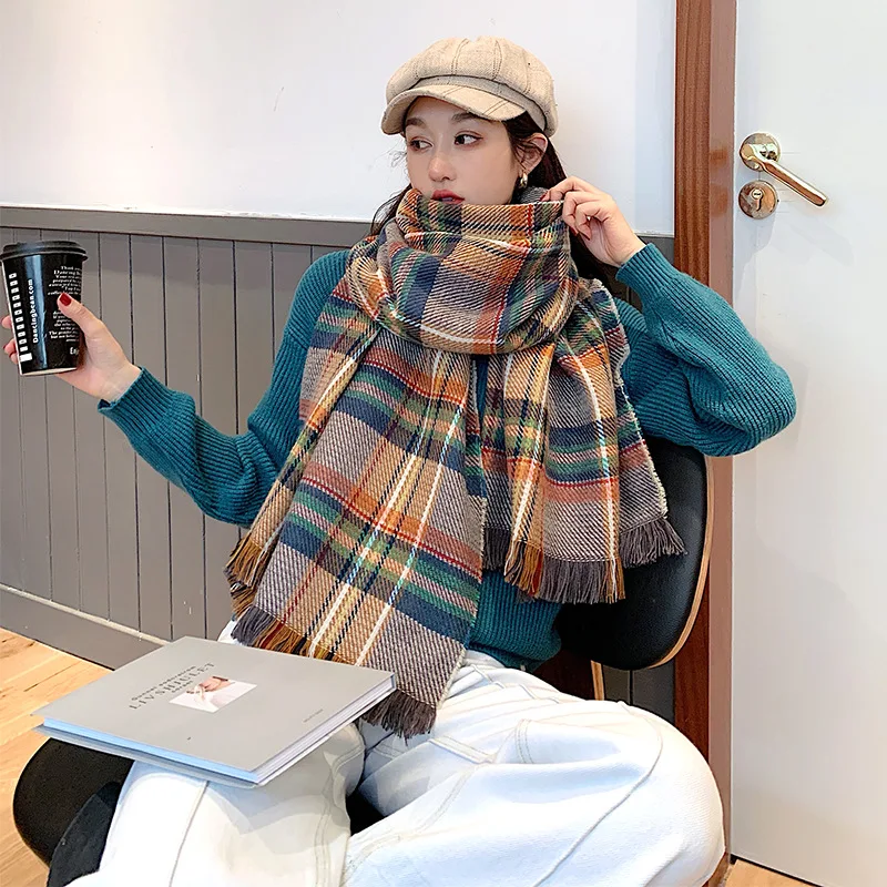 

2020Korean autumn winter new cashmere double side Plaid women's scarf warm and thickened student scarf long shawl cosplay scarf
