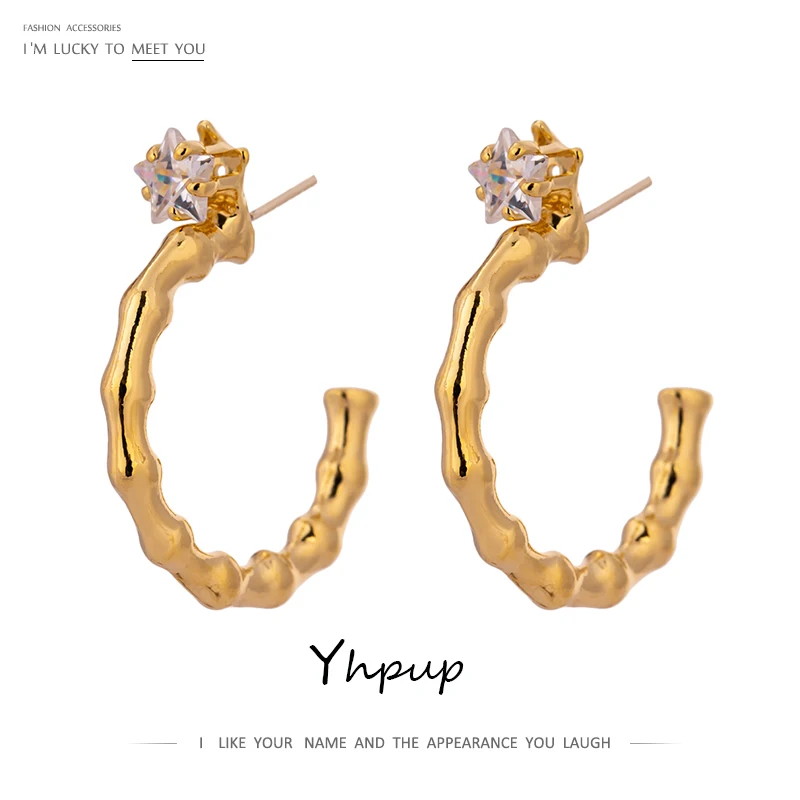 

Yhpup Simple Metal CZ Hoop Earrings Delicate Shiny Star Cubic Zirconia Jewelry Trendy Geometric Earrings for Women Gala Gift New