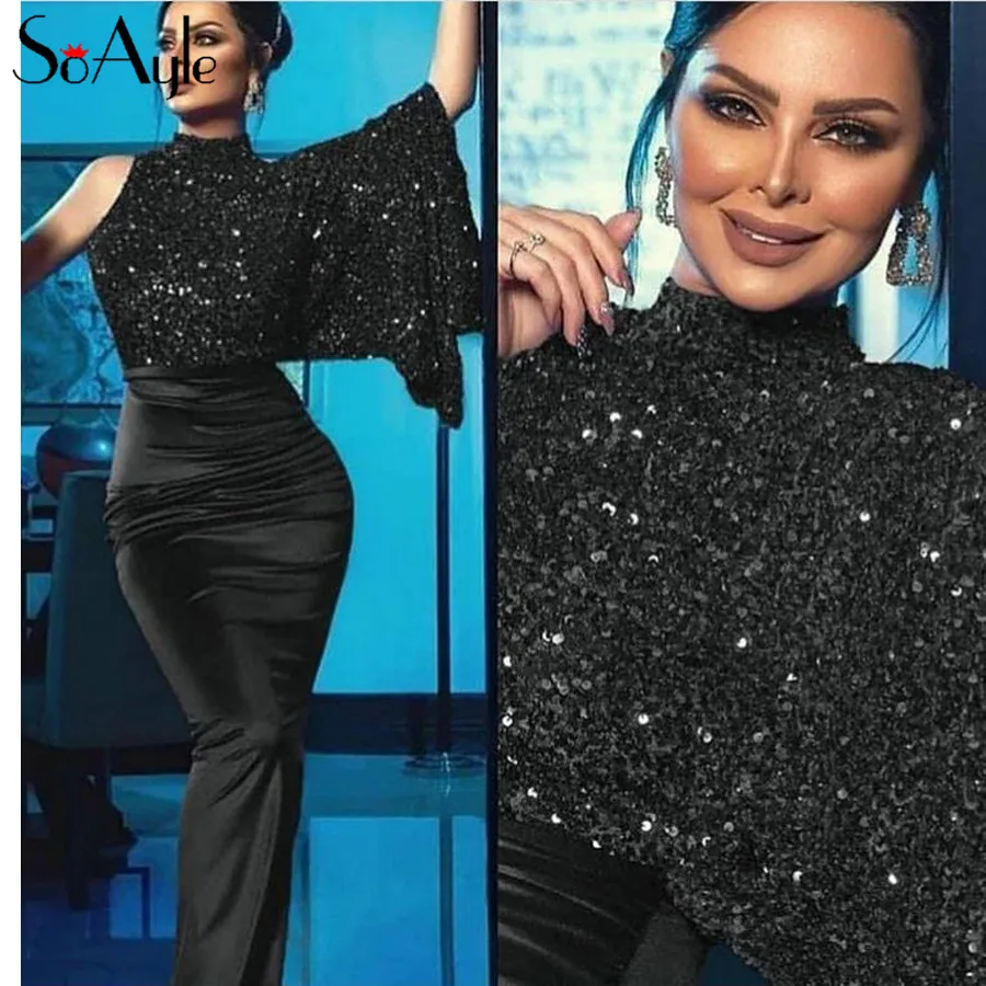 

Muslim Dubai Evening Dresses Sequin Black Long Skinny Dress Celebrity Arabia Fashion Desinger Prom Gowns