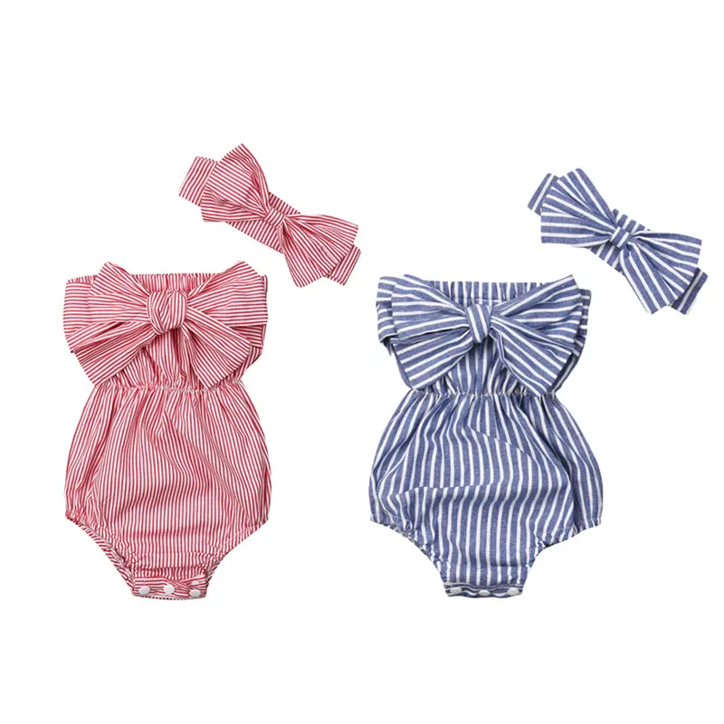 

pudcoco Newborn Baby Girl Clothes Off Shoulder Striped Romper Jumpsuits 2PCS Fashion Sleeveless Bowknot Overall+headbands Outfit
