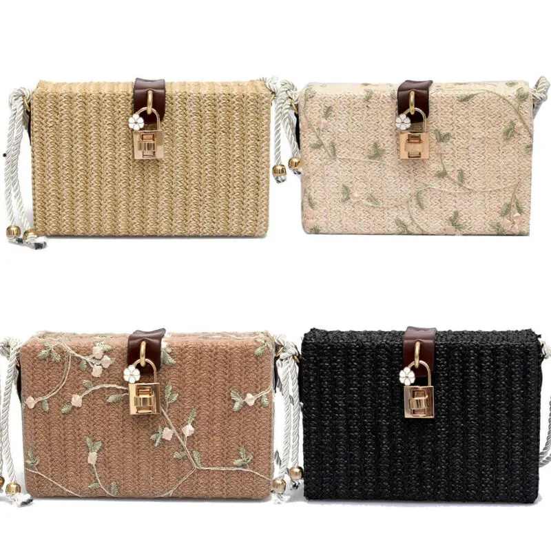 

Fashion Women Handbag Delicate Beach Floral Rectangle Box Bag Rattan Straw Crossbody Bags Bohemia Handbag Shouldbag