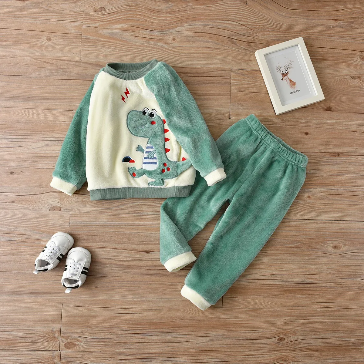 

Kids Boy Set 2Pcs Cartoon Clothes For Children Dinosaur 3D Tail Clothes Toddler Long Sleeve Plush Homewear Boys Fall/Winter Sets