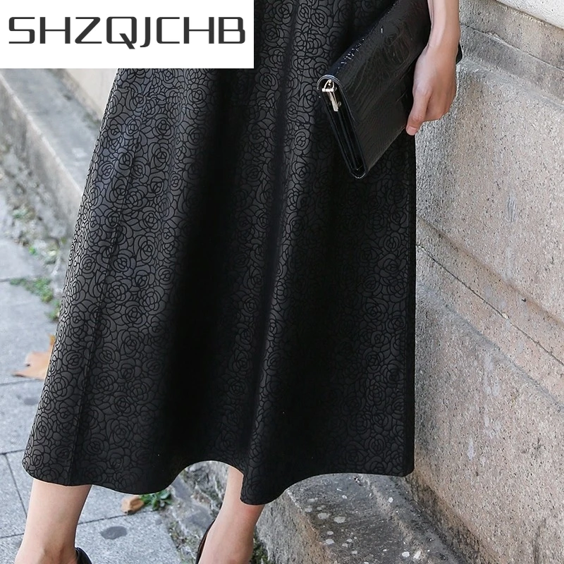 

JCHB 2021 New Winter Women Genuine Leather Sarafan Long Dress Mid-Calf Office Wedding Party Sleeveless Floral Printed Formal Dr