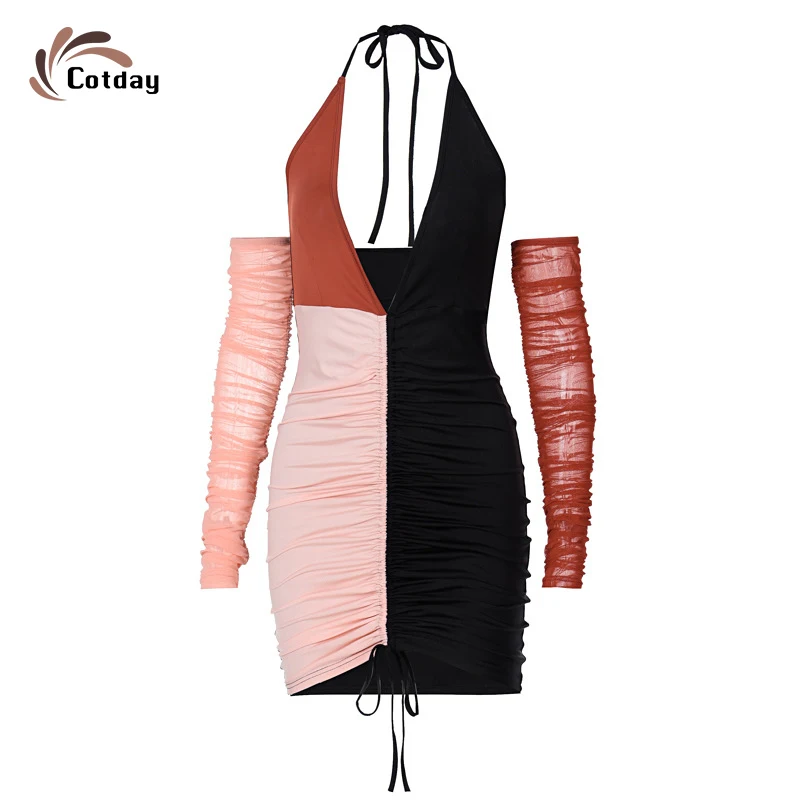 

Cotday Patchwork Mesh Neck-mounted Frenulum New Women Fashion Draw String Sexy V-Neck Sheath A-line Mini Dress