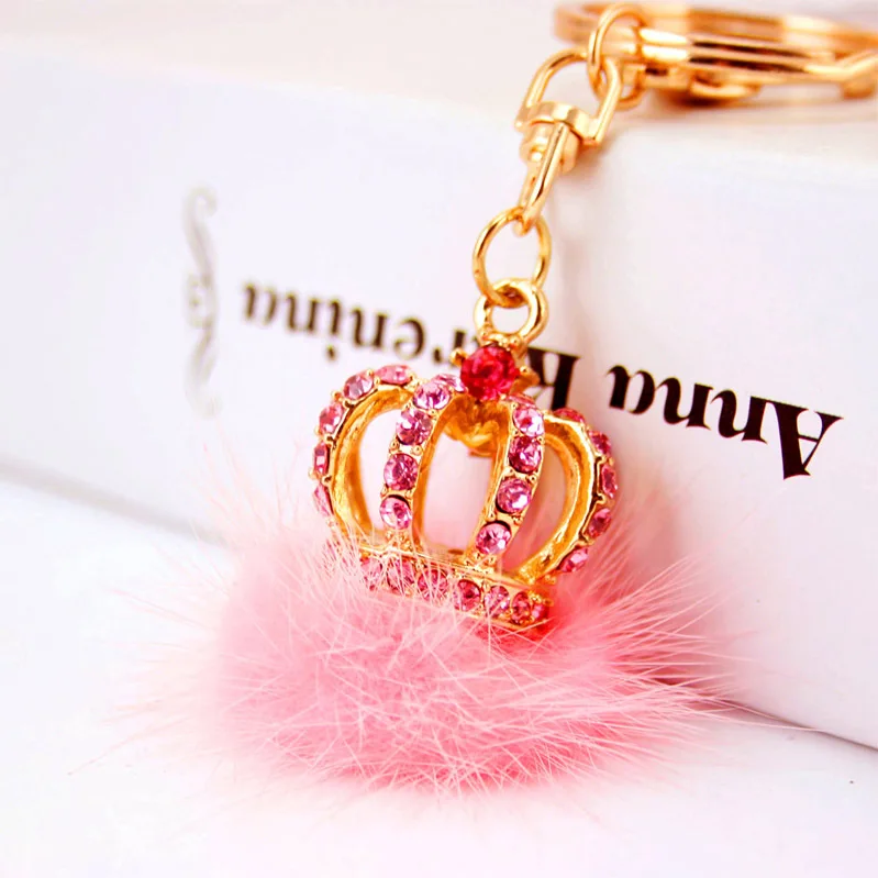 New Crown Crystal Rabbit Fur Ball Keyrings Prom Bag Keyfob Rhinestone Pendant Key Rings Chain for Women Christmas Gifts | Украшения и