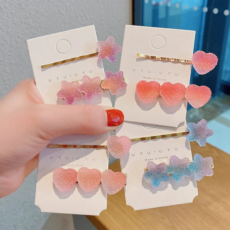 

2pcs/Set Sweet Girl Candy Color Five Pointed Star Love Shape Hairpin Fashion Bangs Barrettes Hair Clips Accessories for Women