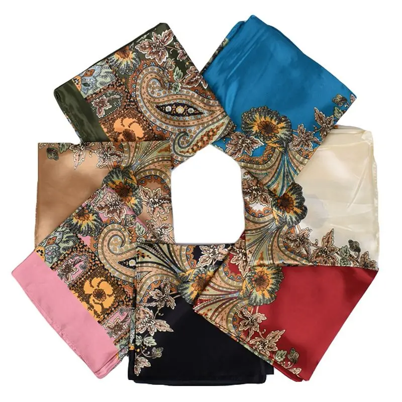 

Flower Print 90*90cm Silk Square Scarf For Women Neck Hair Tie Band Bag Warp Soft Neckerchief Hijab Headscarf Female Foulard