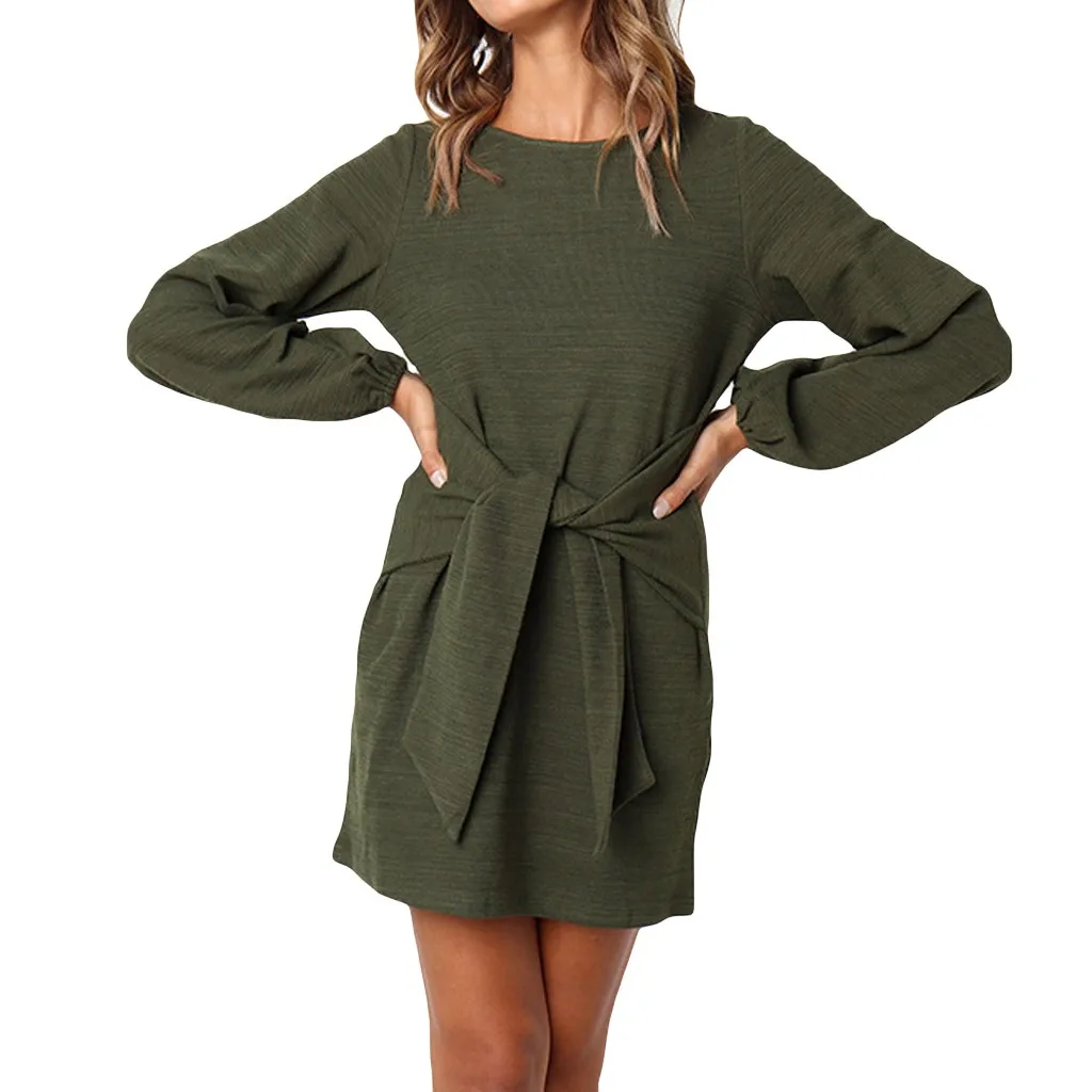 

Осень-зима 2020, модное женское платье с круглым вырезом, длинным рукавом, поясом, мини платье, повседневные однотонные платья, Vestidos, женская о...