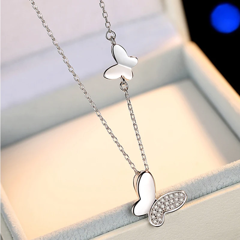 

Two Butterfly Zirconia 925 Sterling Silver Clavicle Chain Necklace For Women Ladies Dainty Jewelry Charm Pendant Necklace
