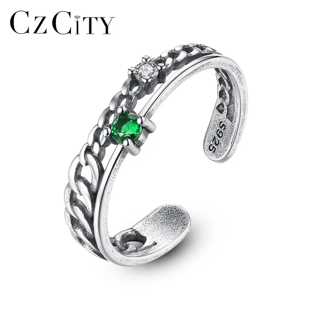 CZCITY, настоящее тайское серебро 925, зеленый драгоценный камень, изменяемый Размер, тонкие кольца для женщин и девушек, вечерние кольца для свиданий, открытые кольца, хорошее ювелирное изделие SR0242