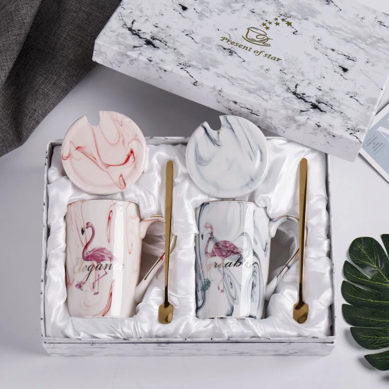 

450 мл кружка с мраморным рисунком, кружки для кофе с фламинго, Женская кружка с крышкой и ложкой, Подарочная коробка для фотографий на день ро...