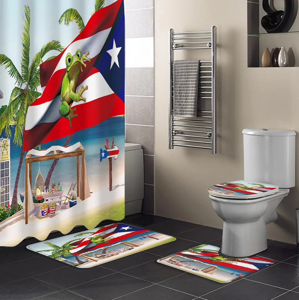Palm Tree Puerto Rico Flag Frog Beach Durable Waterproof Shower Curtain Set Bathroom Rugs Carpet Toilet Seat Cover Pad Floor Mat | Дом и сад