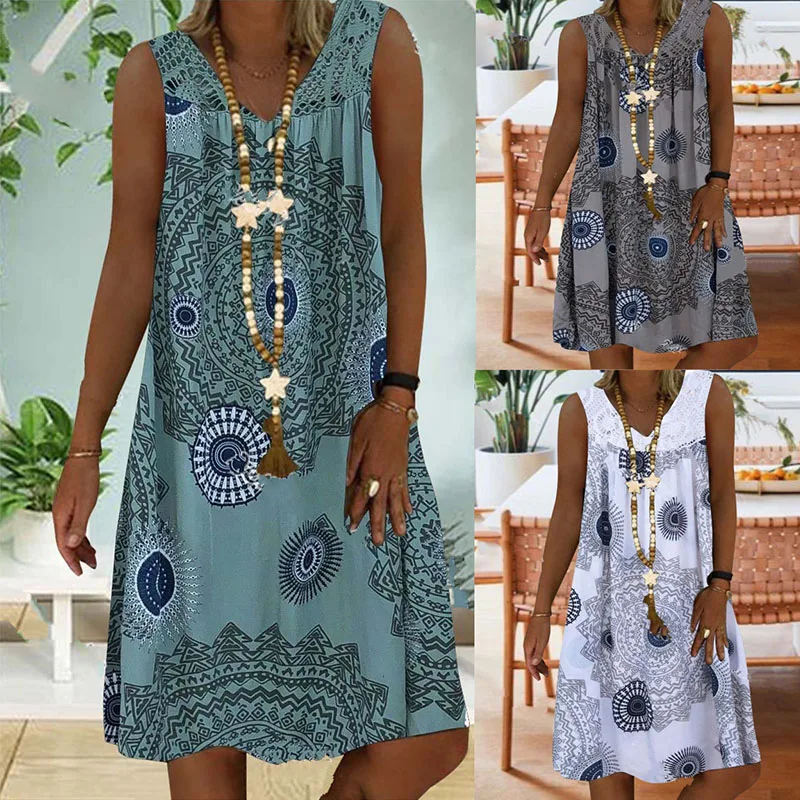 

Large Size Women's Summer New Lace Stitching Printing Deep V-neck Sleeveless Dress dresses woman dress