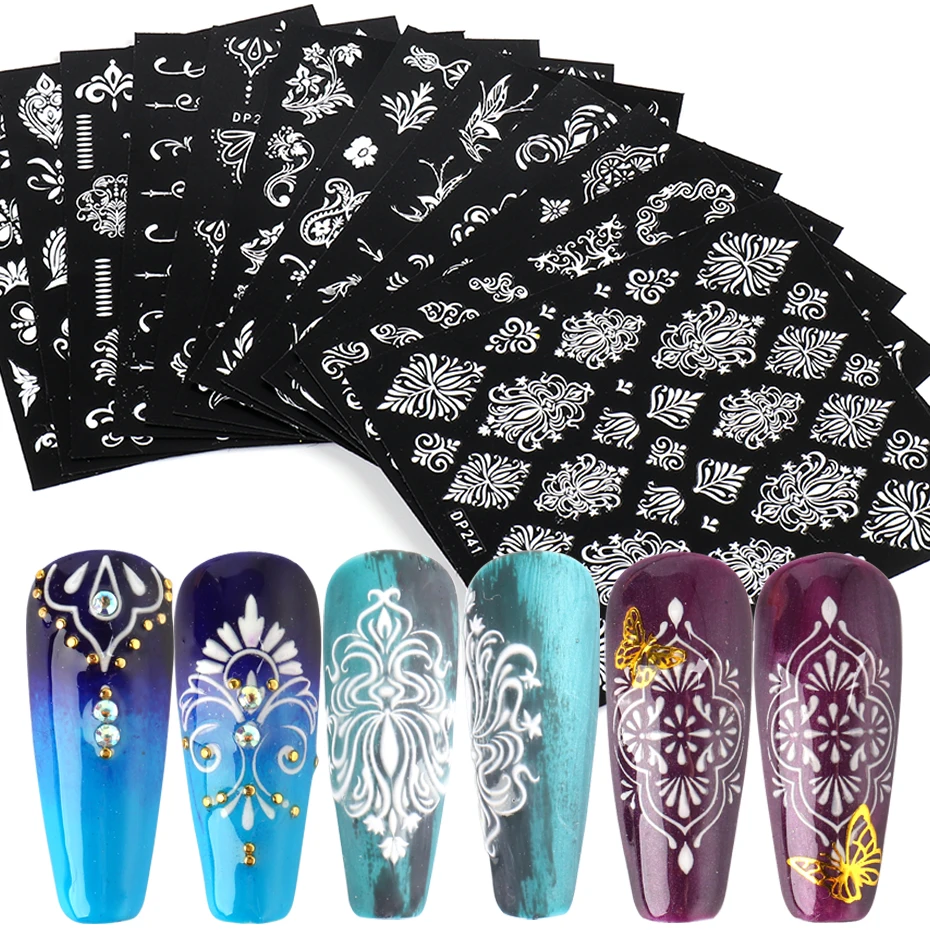 

White 5D Nail Art Stickers Sliders Jewelry Flower Vine Adhesive Nail Decals Wraps Foil Manicure Summer Decorations NFDP237-248