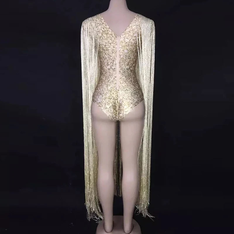 Сексуальное золотистое длинное боди с бахромой костюм для сцены вечерние