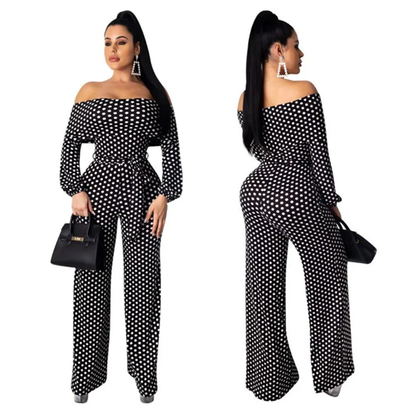 

Casual Polka Dot Off Shoulder Wide Leg Jumpsuit