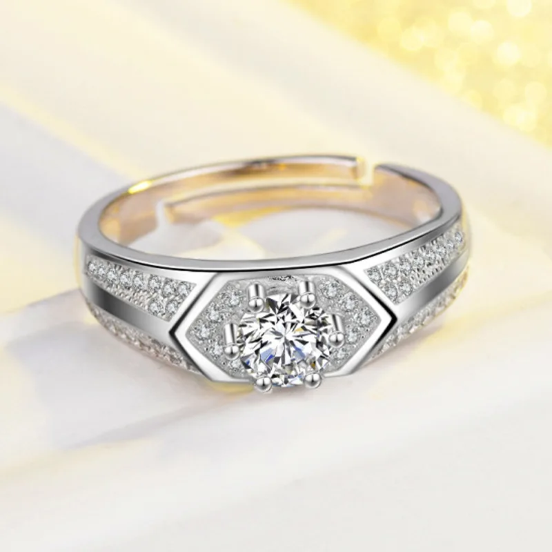 Luxury platinum-plated male diamond ring micro-set classic single-diamond movable mouth adjustable business | Украшения и