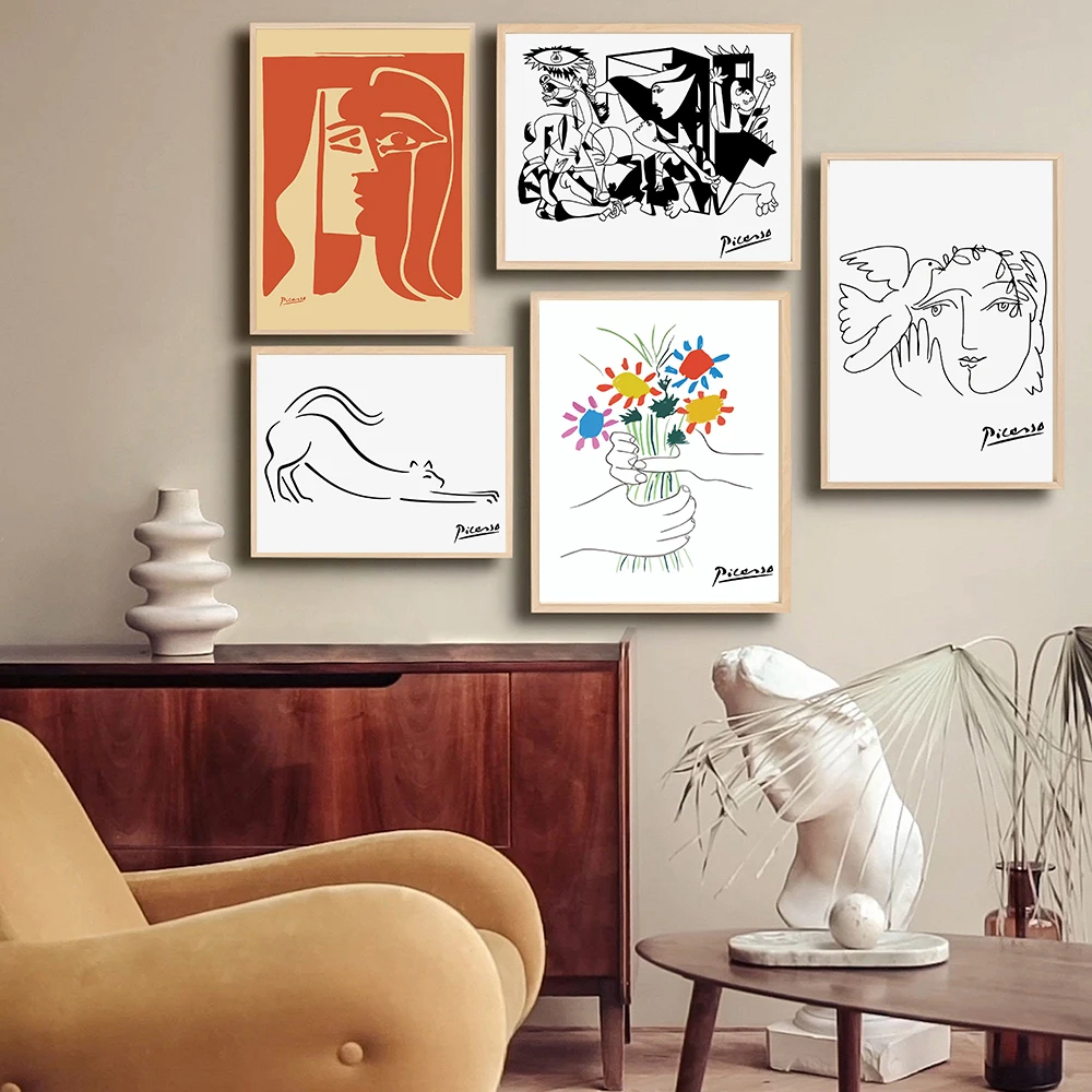 

Picasso Exhibition Poster Line Bird Cat Flower Bundle Canvas Painting Abstract Kiss Gallery Retro Wall Art Picture Bedroom Decor