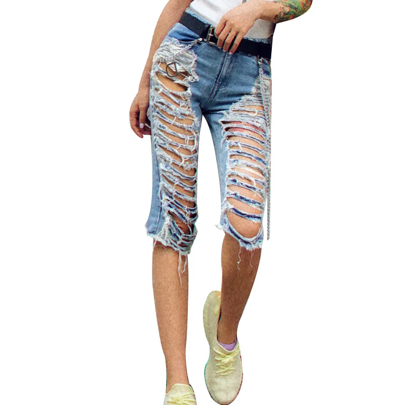 

bf wind big hole light color jeans women's new slim casual five-point pants women's fashion