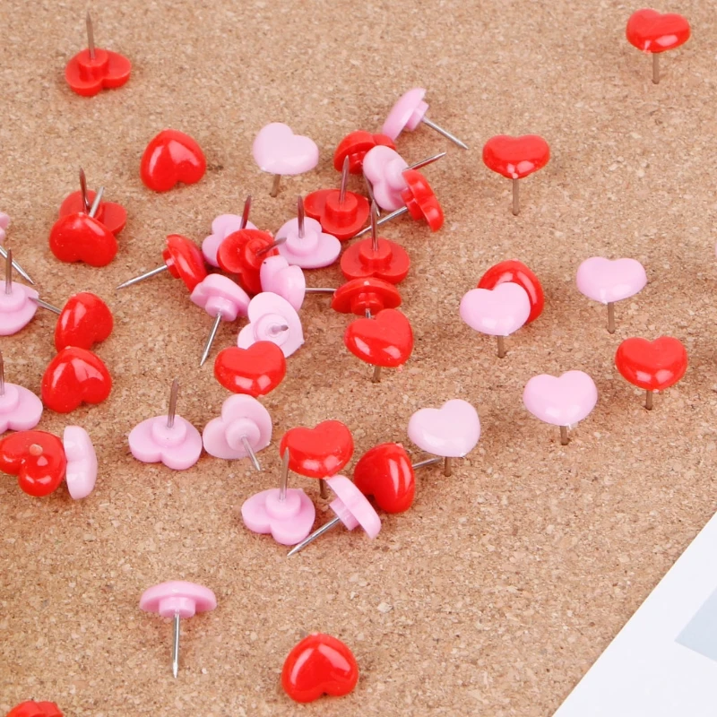 

50 Pcs Heart Shape Plastic Quality Colored Push Pins Thumbtacks Office School