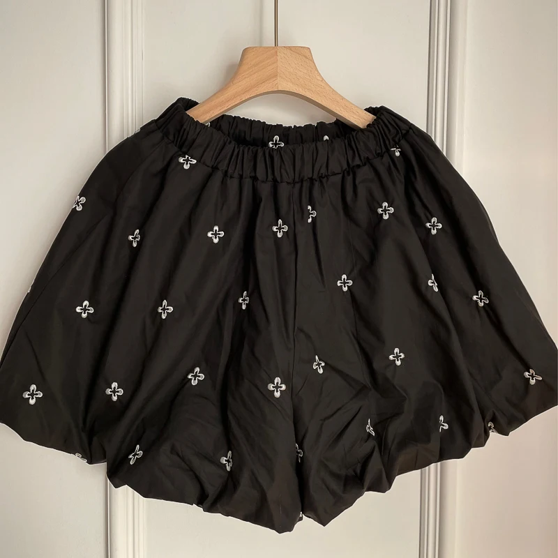 

Retro Square Collar Elastic Waist Bloomers Puff Sleeve Embroidery Blouse Women + Shorts Set Women's Shorts Outfits Two Piece Set