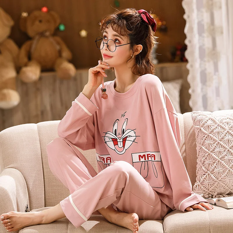 Foply Cartoon 100% Cotton Pajamas Set Women Pajama Pyjamas Sleepwear Nightwear Pink Pijama Mujer Home Wear Long Pants Nightsuit