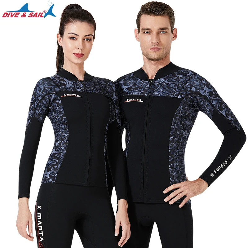 Women’s 1.5mm Wetsuits Jacket Pants Long Sleeve Neoprene Tops Bottoms Front Zip Men's Printed Wet Suit Spring Swimsuit | Спорт и