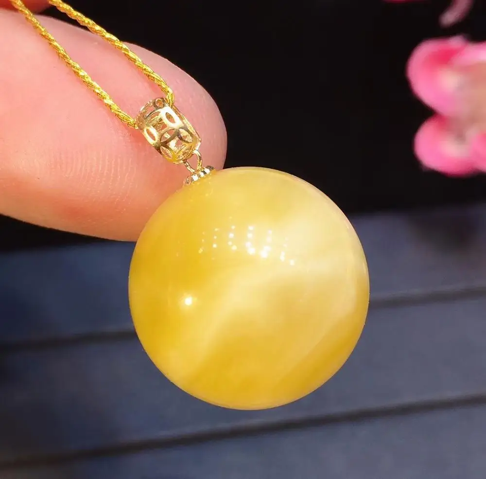 

Genuine Natural Yellow Amber Necklace Round Sphere Pendant 18K Gold Women 18.4mm Healing Gemstone New Gift Crystal AAAAA