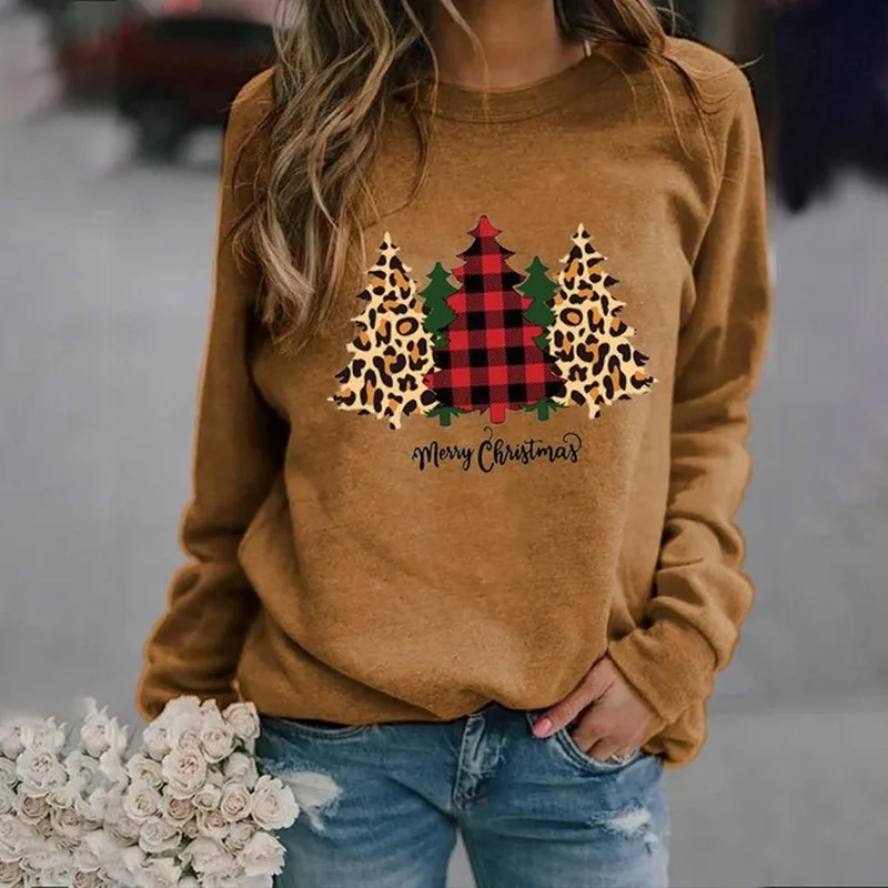 

Women Hoodie Merry Christmas Leopard Tree Printed Hoodies Women Fleece Long Sleeve O Neck Loose Sweatshirt Girls Pullovers