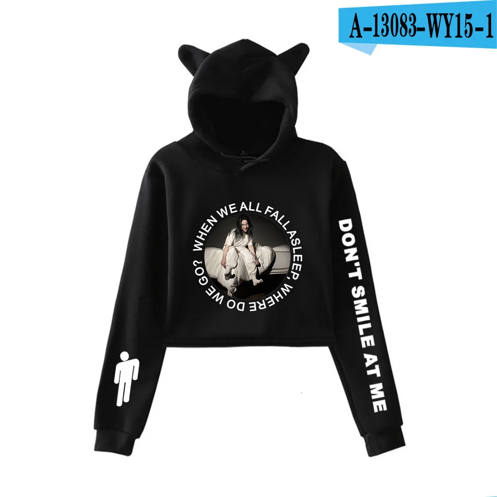 Billie Eilish Женская толстовка с капюшоном толстовки Kpop Kawaii корейский негабаритный Harajuku Хип Хоп Толстовка укороченный - Цвет: Black 1