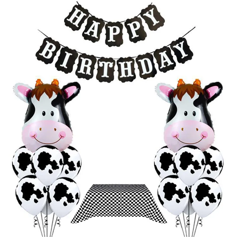 

24Pcs Cow Theme Birthday Party Supplies Set Black and White Birthday Flag Cow Print Balloon Tablecloths Baby Shower Decorations