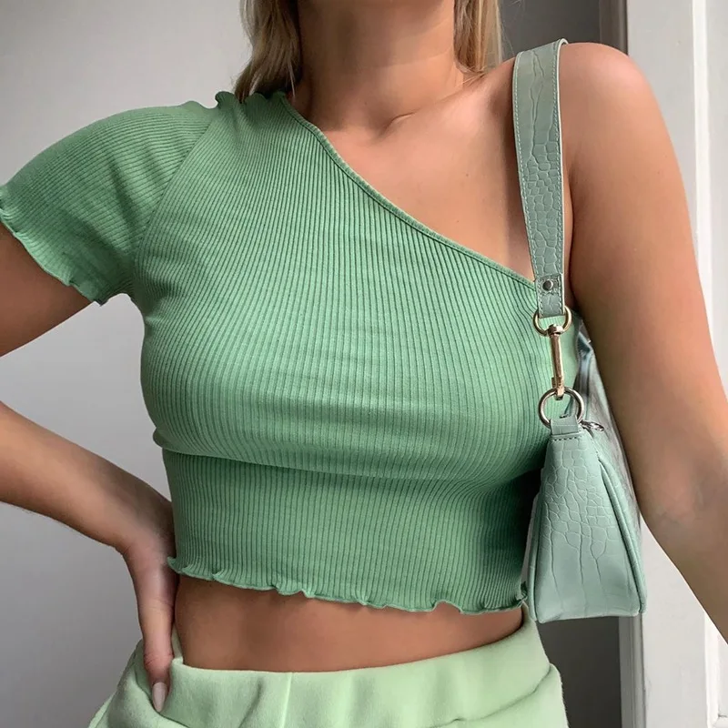 

2021 Summer Women One Shoulder T-shirt Casual Short Sleeve Solid Ribbed Tees Lady Streetwear Fashion Women Slim Crop Tops