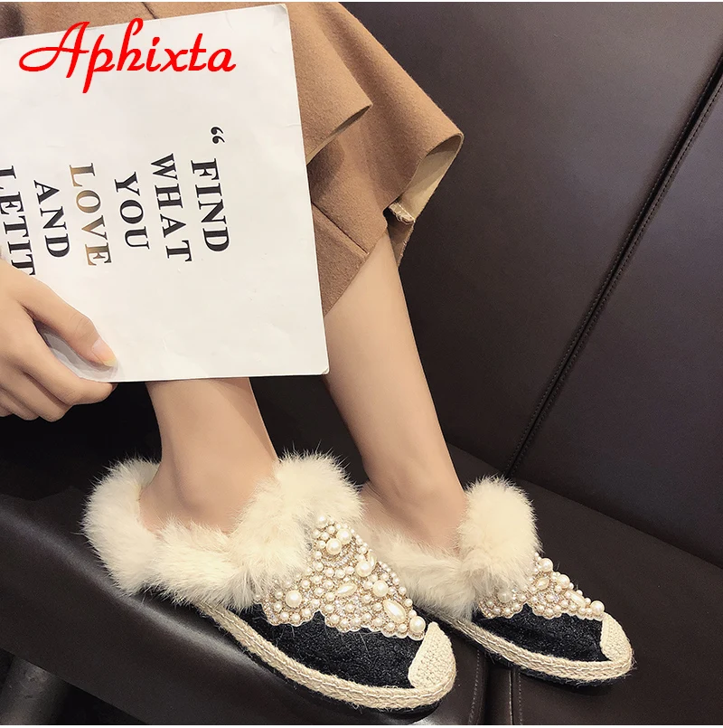 Aphixta зимние теплые тапочки с натуральным мехом; женская обувь на шнуровке с жемчугом и кристаллами; шикарная плюшевая женская обувь с натуральным кроличьим мехом