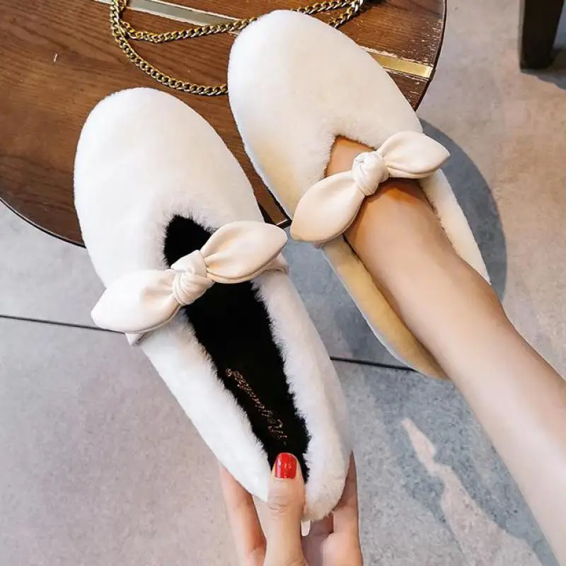 Меховые лоферы Зимняя Теплая обувь женские плюшевые Балетки без шнуровки с