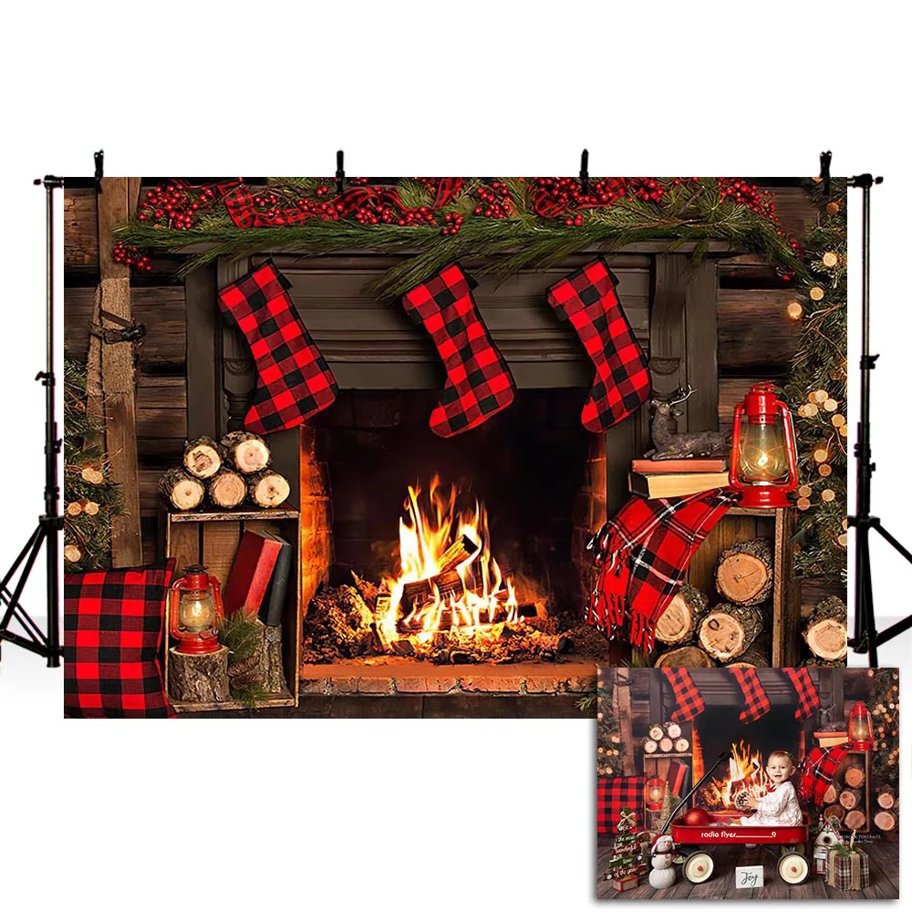 Рождественский фон Mehofond деревянный камин красный черный сетка Носки фотография