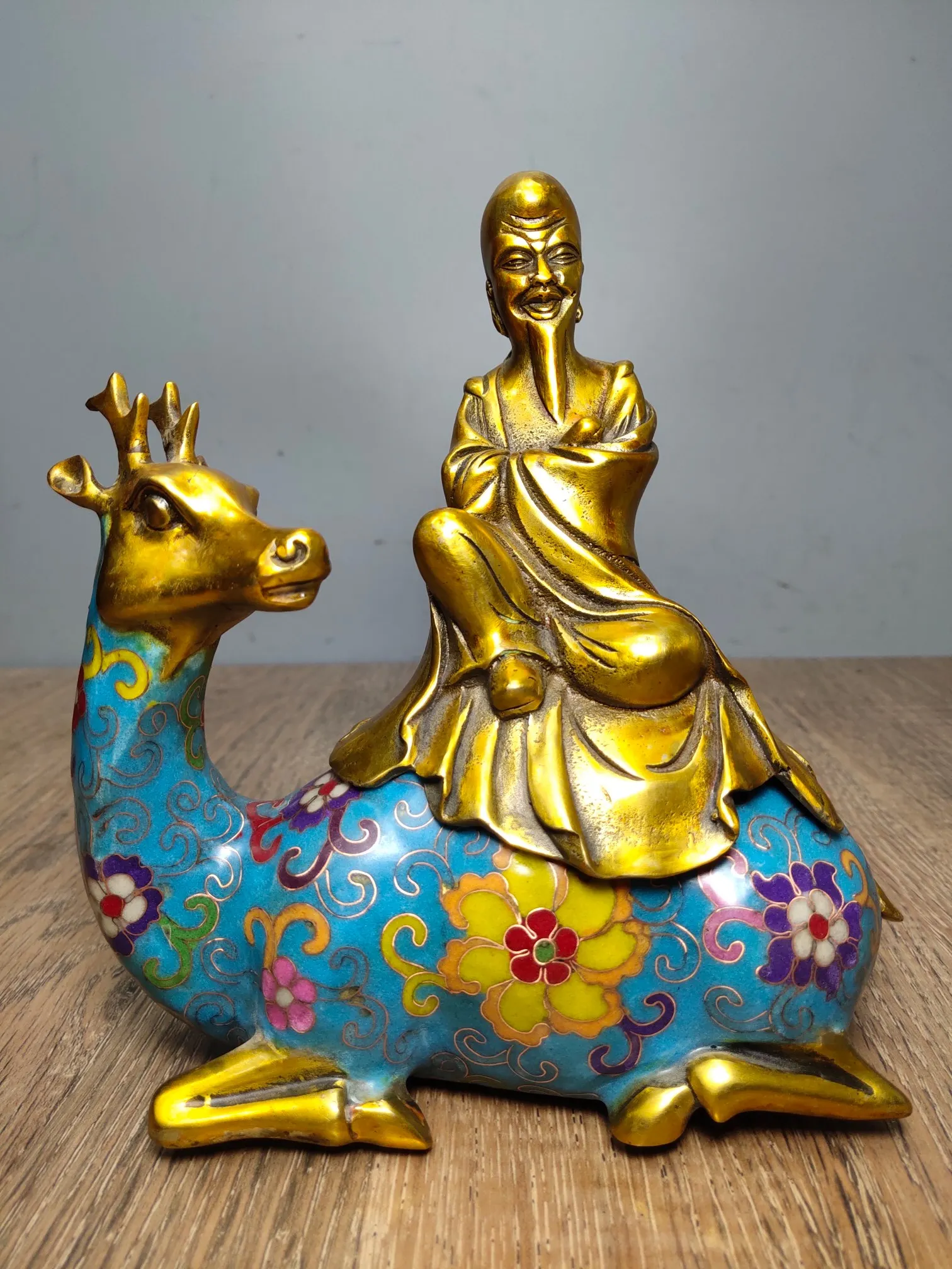 

Tibet Buddhism Old Bronze Cloisonne Enamel Fu Lu Shuangquan Birthday star statue incense burner Meaning longevity Lucky fortune