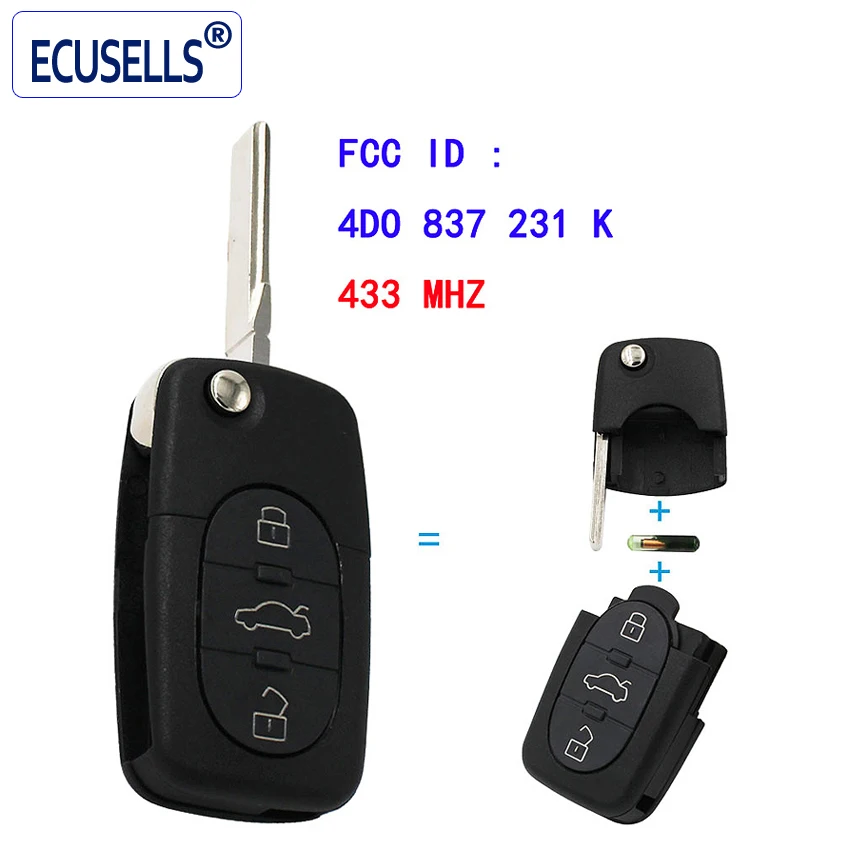 Замена дистанционного ключа без Fob 3 кнопки 433 92 MHZ 4D0 837 231 K 4D0837231K для Audi A6 TT старые