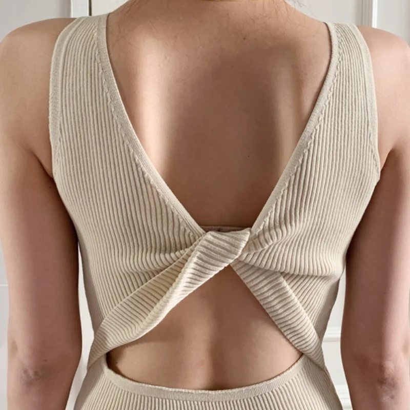 

Korea Summer Thin Ice Silk Knitted Long Split Pencil Dresses Women O-neck Back Hollow Out Party Tank Sweter Dress Mujer Vestidos