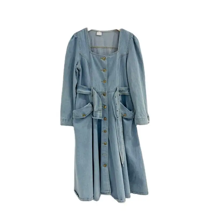 

High Quality Denim Dresses Women Bandage Solid Spring Elegant 2020 Long Dress Chic High Waist Vestidos Koean Fashion