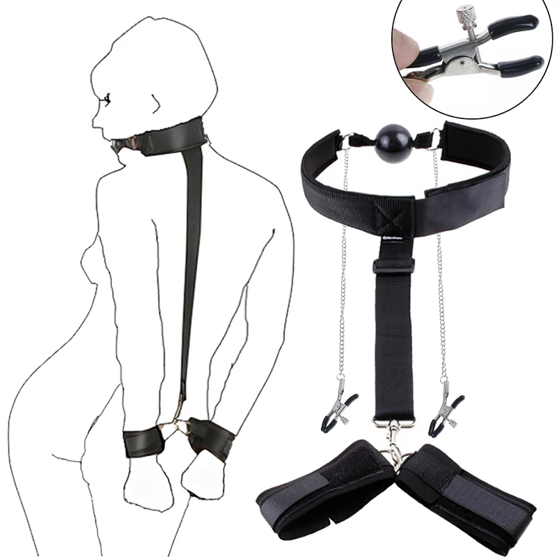 Ошейник для связывания с шариками секс кляп наручники зажимы сосков фиксаторы