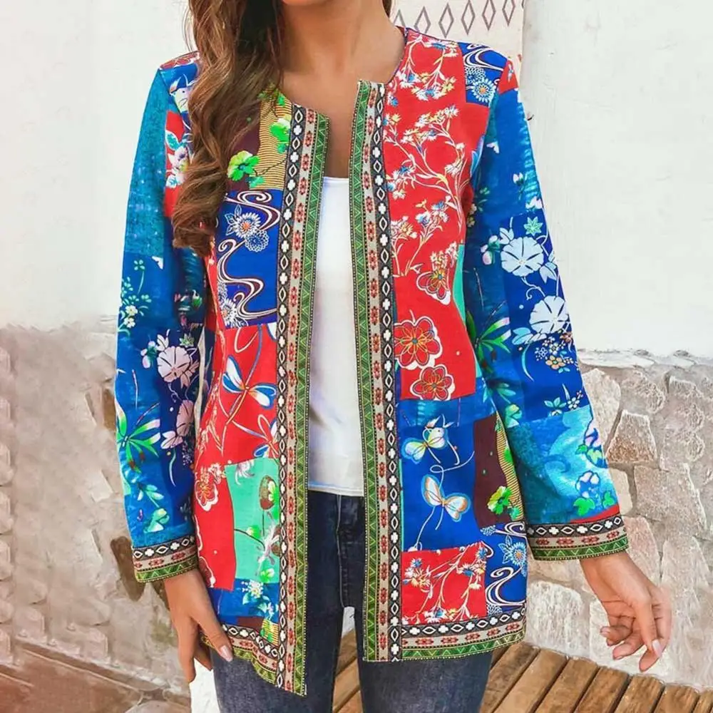 

Women Autumn New Ethnic Floral Print Pockets Long Sleeve Loose Jacket Coat Outwear Cardigan