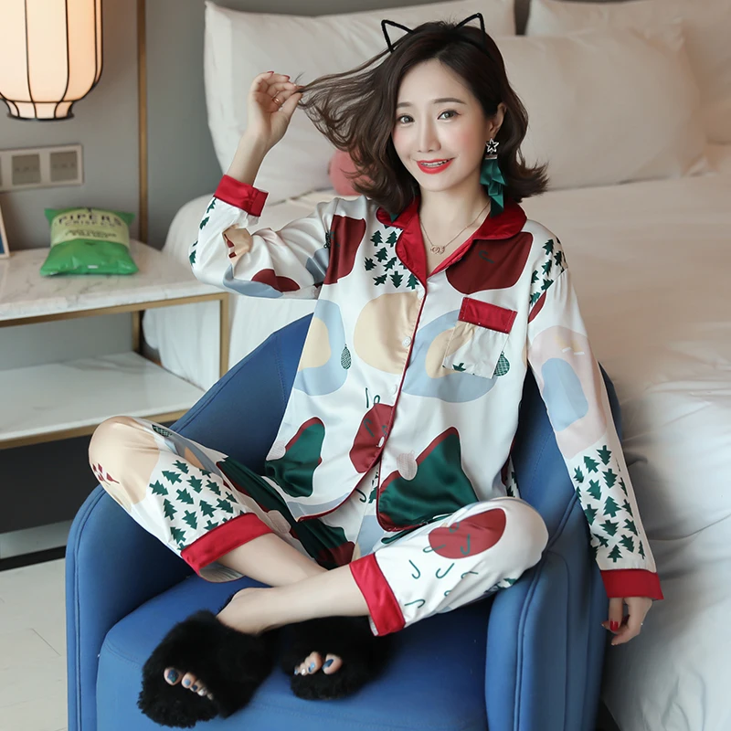 Пижама с длинными рукавами и рождественской елкой Женский Осенний свободный