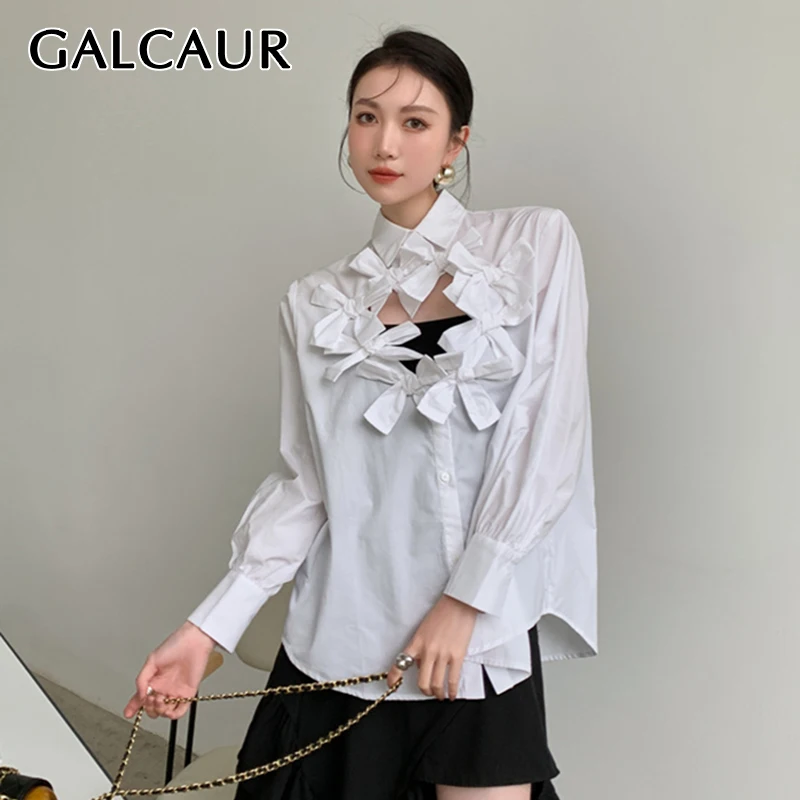 

GALCAUR Patchwork Bowknot Shirt For Women Lapel Collar Long Sleeve Solid Cut Out Solid Button Through Blouse Female Autumn 2021