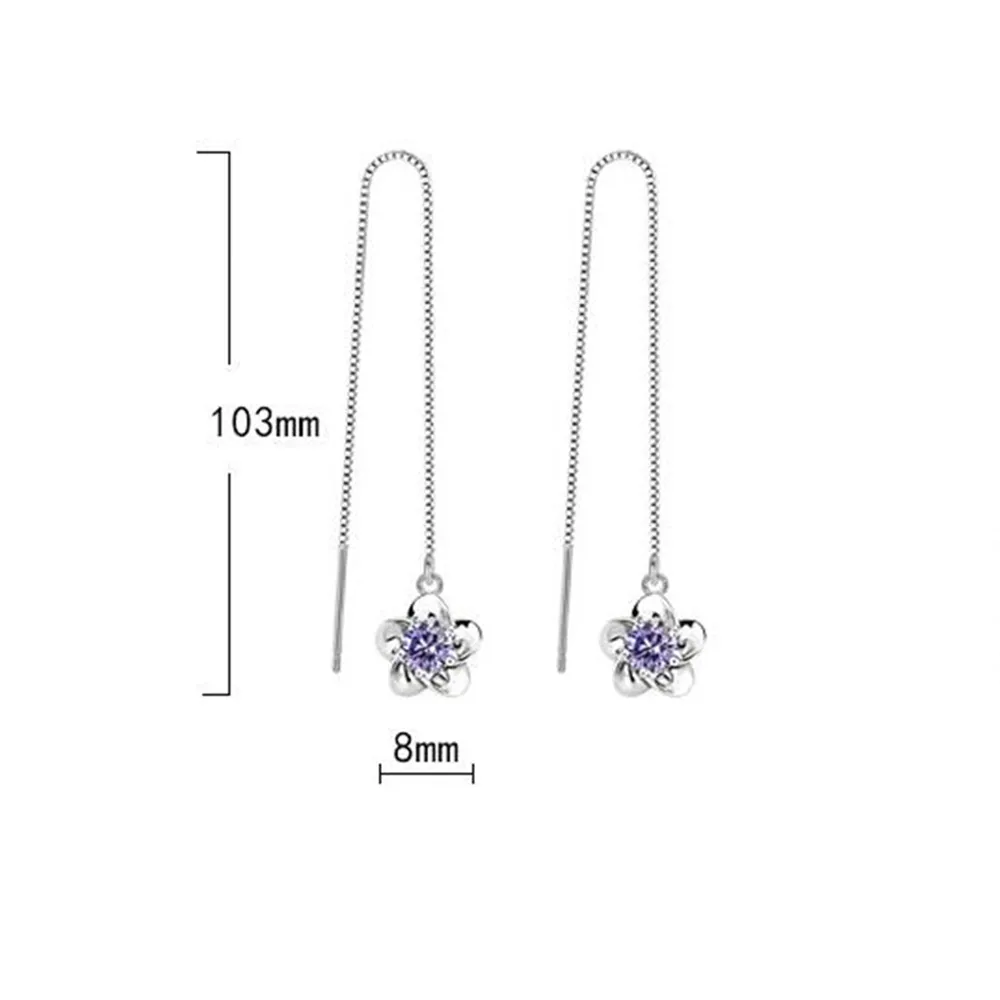 

925 Sterling Silver New Woman Jewelry Fashion Earrings High Quality Flower Purple White Cubic Zirconia Long Tassel