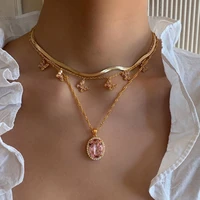 alyxuy multi layer gold chain necklace butterflies pink large crystal pendant necklace sweet jewelry for women girls gift