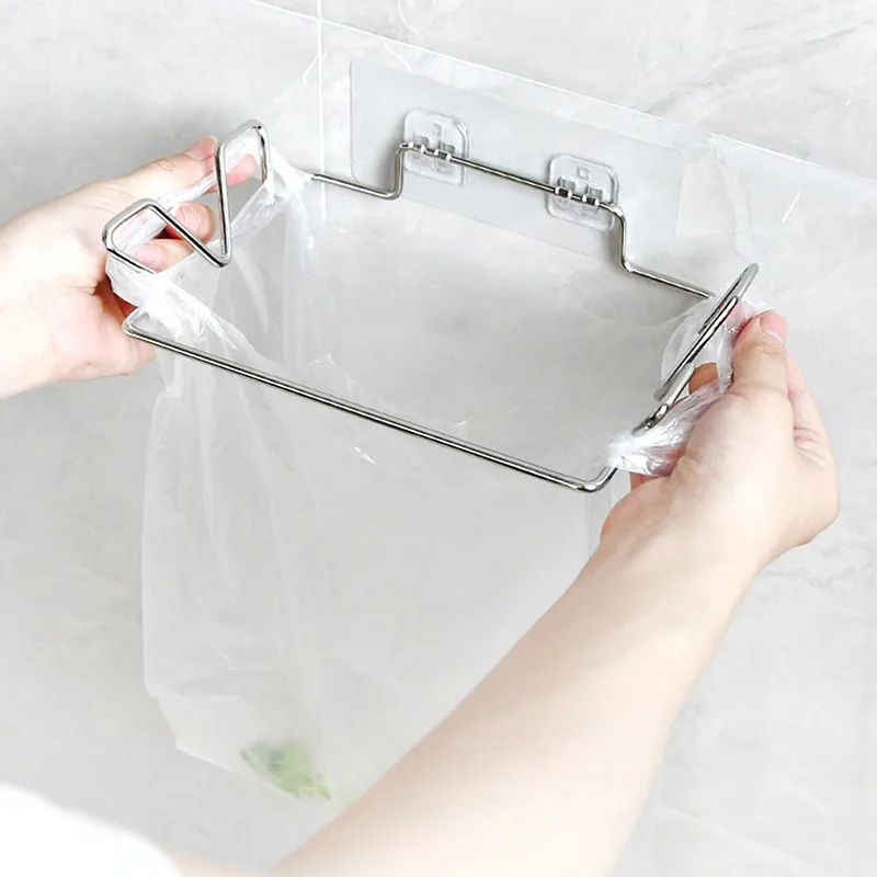

Kitchen Trash Rack Cabinet Door Garbage Bags Holder Stainless Steel Closet Garbage Storage Holder Saving Space Kitchen Organizer