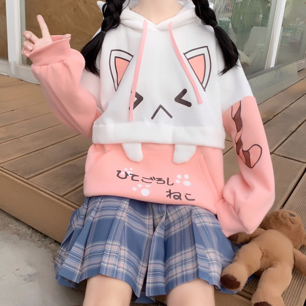 

New Spring Harajuku Cute Pink/black Women Sweatshirt Cartoon Cat Hoodie Female Kawaii Japanese Fleece Sweatshirts Top Mujer