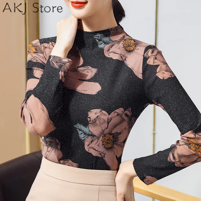 

2021 Spring Women Long Sleeve O-neck Floral Print Basic Top Large Size 4XL