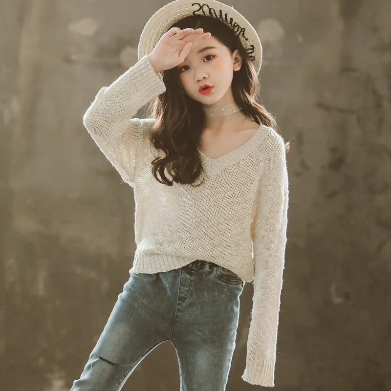 Осень 2019 г. Бежевый однотонный Свободный пуловер с v образным вырезом свитер